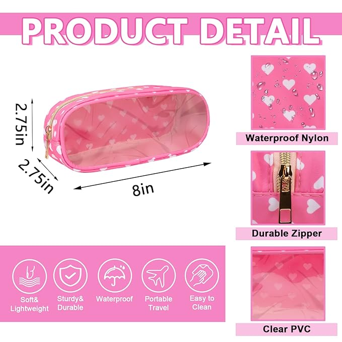 Clear Small Pencil Pouch Makeup Bag for Purse,Nylon&PVC Pencil Case Waterproof Makeup Brush Holder with Zipper,Preppy Transparent Pen Bag Travel Cosmetic Bag for Women Office(Slim-Pink Heart)