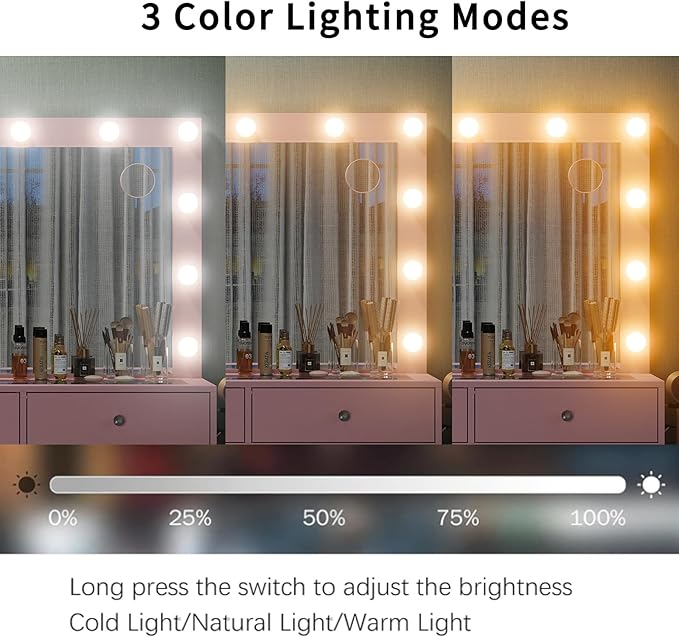 11 Drawers Makeup Vanity with Charging Station, Vanity Desk with 13 LED Bulbs and HD Mirror, 3 Color Brightness Adjustable, Glass Top Vanity Set for Bedroom, Pink