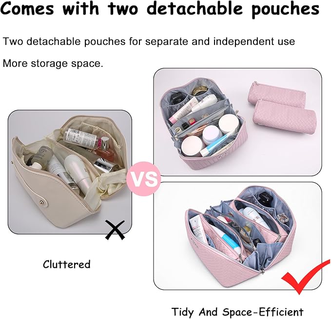 BOYATU Travel Makeup Bags for Women: Large Cosmetic Bag Waterproof - Vegan Leather Make up Bags Set of 3 - Portable Toiletry Organizer (L09 Violet)