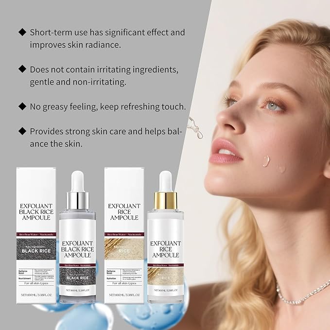 Rice Water Duo Exfoliating & Brightening Ampoules -2x100ml Gentle Facial Peel for Smooth SkinTextureDaily Exfoliator with RiceBran Extract FDA-Certified SkinRenewal Booster for All Skin Types