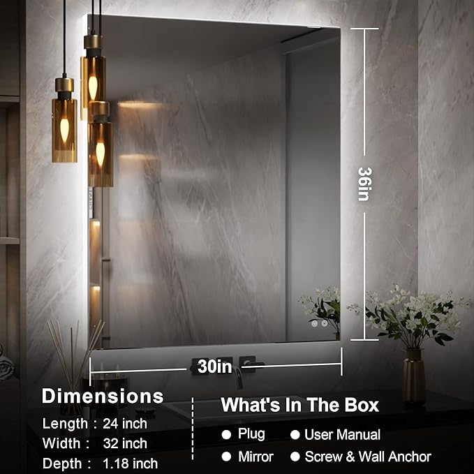 TETOTE 30x36 Inch LED Backlit Bathroom Mirror with Lights,Anti-Fog,Dimmable Lighted Mirror(Horizontal/Vertical) Wall Mounted Vanity Mordern Mirror