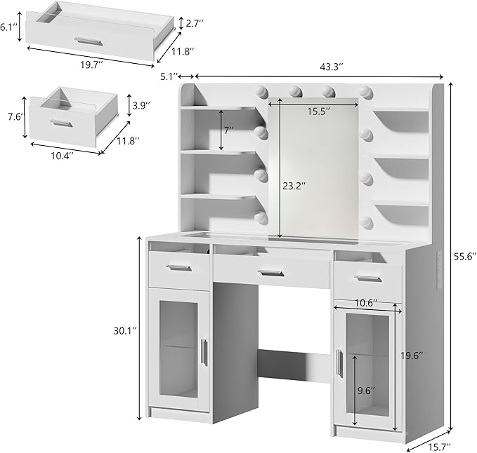 HUAHUUU Vanity Desk, Makeup Vanity Desk with Mirror and Lights 3 Colors, Transparent Top with 3 RGB Drawers, 6 Shelves, 2 Large Tempered Cabinets, Power Outlet, for Bedroom, White
