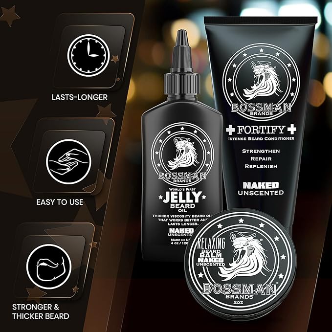 Bossman Essentials Beard Kit for Men – Beard Oil Jelly, Fortifying Conditioner Cream & Beard Balm – Grooming Care Accessories (Naked - Unscented)