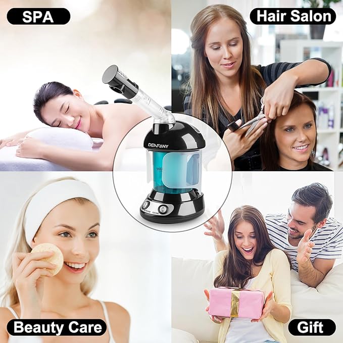 Facial Steamer - DENFANY Nano Ionic Face Steamer with Extendable 360° Rotating Arm - Portable Facial Steamer for Personal Care at Home or Salo (Black)