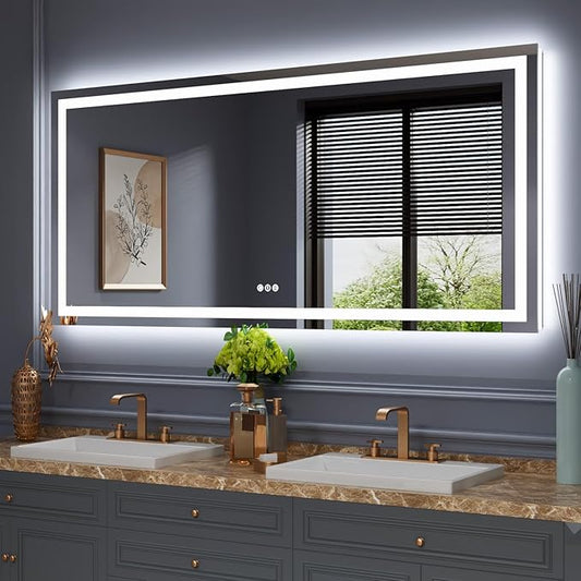 Amorho LED Bathroom Mirror 68" X38" with Front and Backlight, Stepless Dimmable Wall Mirrors with Anti-Fog, Shatter-Proof, Memory, 3 Colors, Double LED Vanity Mirror