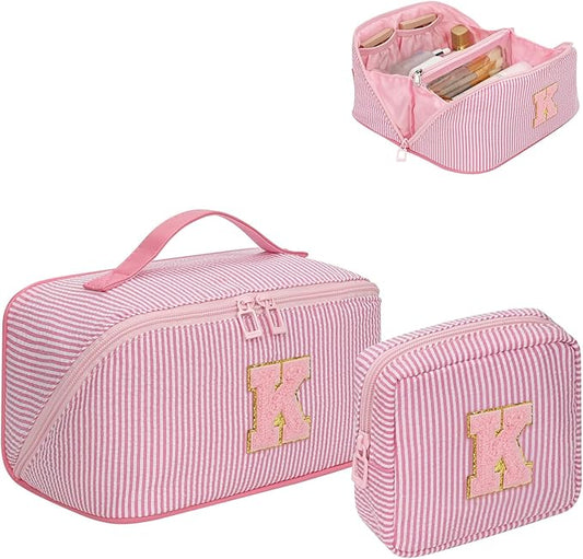 Travel Makeup Bag for Women, 2Pcs Portable Personalized Initial Makeup Organizer Bag, Open Flat Large Cosmetic Bag With Travel Essential Pouch (Pink Letter K)