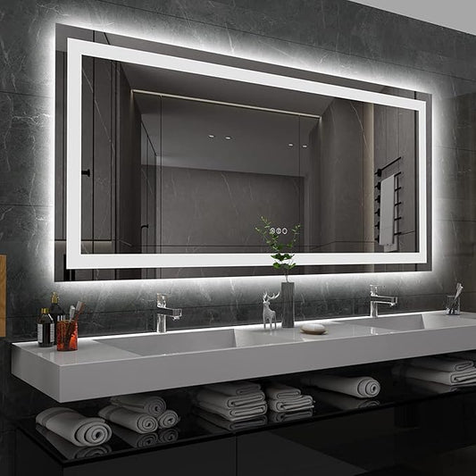 Amorho LED Bathroom Mirror 60'' X36'' with Front and Backlight, Large Dimmable Wall Mirrors with Anti-Fog, Shatter-Proof, Memory, 3 Colors, Double LED Vanity Mirror
