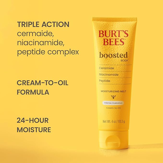 Burt's Bees Boosted Body Moisturizing Melt With a Ceramide, Niacinamide and Peptide Complex, Intense Skin Hydration, Cream-to-Oil Body Lotion Helps Support Skin Barrier, Tropical Scented, 4 oz. Tube