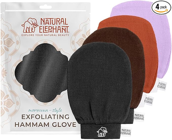 Natural Elephant Exfoliating Kessa Glove - Face and Body Exfoliator Hammam Mitt (Black, Brown, Orange and Teal (Pack of 4))