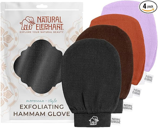 Natural Elephant Exfoliating Hammam Glove - Face and Body Exfoliator Mitt (Black, Brown, Orange, and Lilac (Pack of 4))