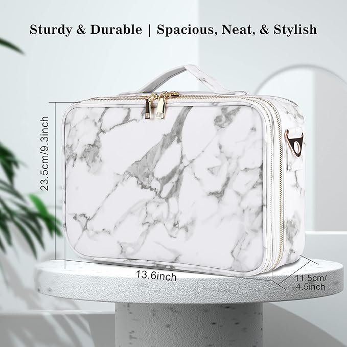 JOURMON Travel Makeup Case 3 Layers Makeup Train Case Marble Makeup Bag Organizer Portable Artist Storage Bag with Adjustable Dividers and Shoulder Strap (Marble white)