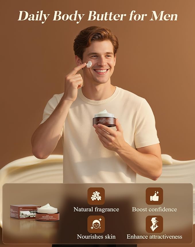 King Body Butter for Men, Mixed Woody Fragrance & Orange Blossom, Warm and Sensual Scent, Organic Shea & Jojoba Seed Oil, Moisturizing Formula with All-Day Fragrance,3.52oz, Enhance Attractiveness