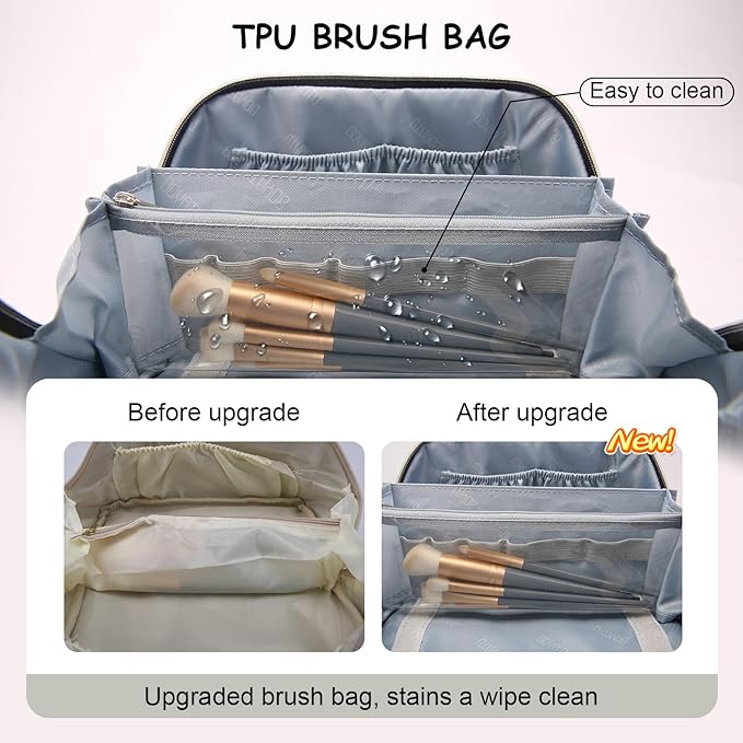 BOYATU Travel Makeup Bags Cosmetic Organizer Bag: 3-Set Large Capacity Make up Bag - PU Leather Toiletry Bags for Women - Wide Open Portable Pouch with Divider & Handle (03-Light Gray)