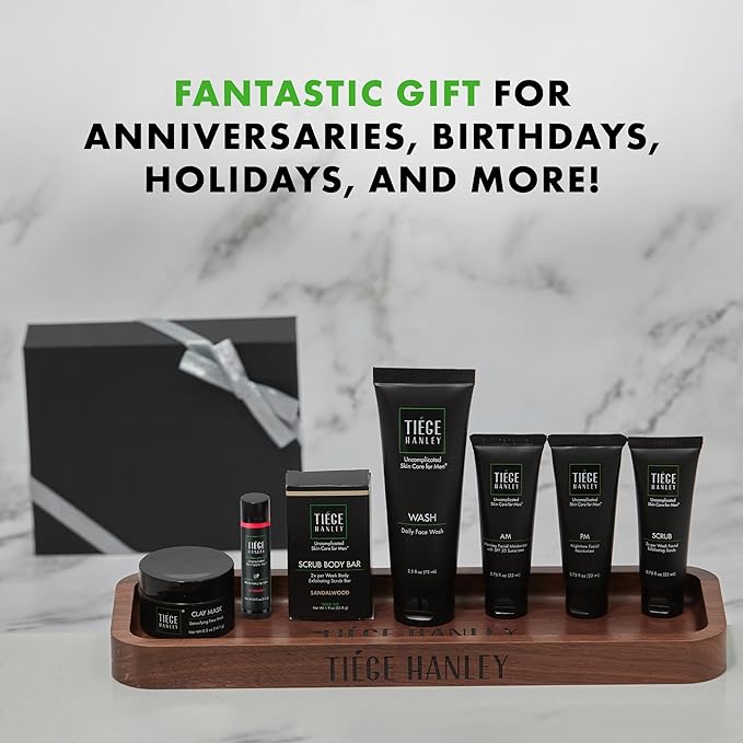 Tiege Hanley Mens Skin Care Gift Box Set, Silver - Men's Skincare Set Includes Face Wash, AM & PM Facial Moisturizer, Face Clay Mask & Scrub, Body Scrub Bar, & Moisturizing Lip Balm