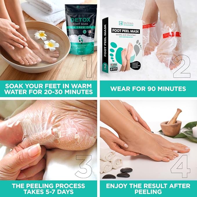 Tea Tree Foot Soak (1 lb) and Foot Peel Mask - Foot Care Kit For Dry Cracked Feet and Heels - Remove Dead Skin and Calluses - Treats Athlete's Foot and Stubborn Foot Odor