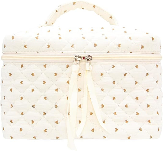 PAZIMIIK Quilted Makeup Bag Large Travel Zipper Soft Cosmetic Case for Women Girls Make Up,Gauze Heart Coffee