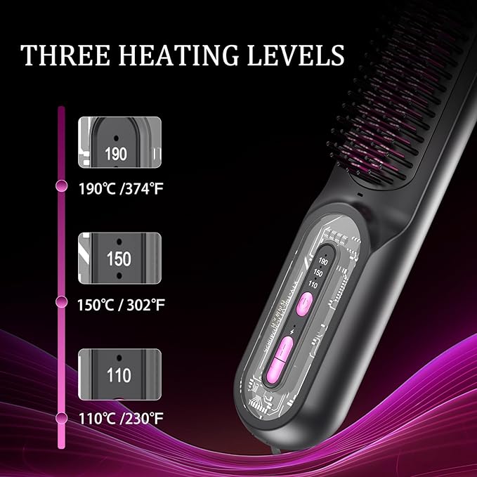 Cordless Hair Straightener Brush for Women - HFcoupe Electric Hot Comb Rechargeable Travel Portable Thermal Brush, Fast Heat Mini Straightening Tools with Ionic, Salon Smooth Styles Anywhere Black