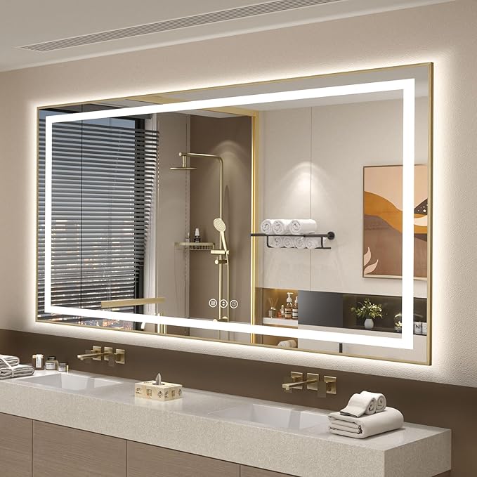 OKPAL 60x36 LED Bathroom Mirror Gold Metal Framed Front Light & Backlit, Lighted Vanity Mirror, Anti-Fog, Dimmable, 3 Colors, Shatterproof, ETL Listed, Horizontal/Vertical