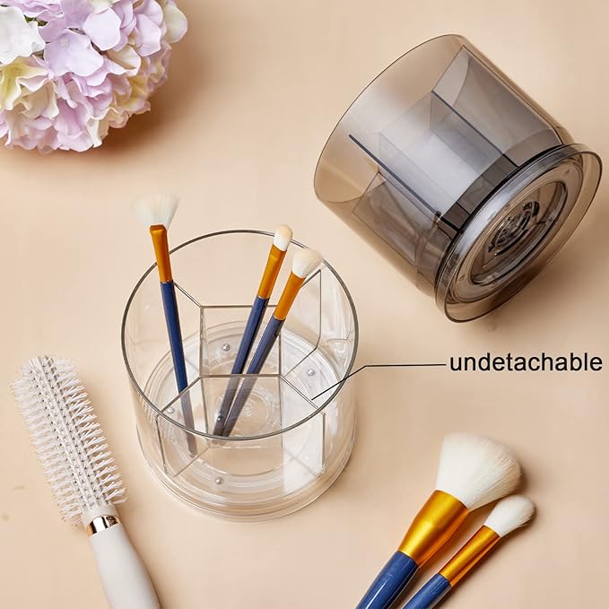 Makeup Brush Holder Organizer -Rotating 360° Clear Storage Cup Containers for Vanity, Desk, Countertop, Spinning Pen Holder for Desk, Round Make up Brush Stand with 5 Slots, for Cosmestics (Grey)