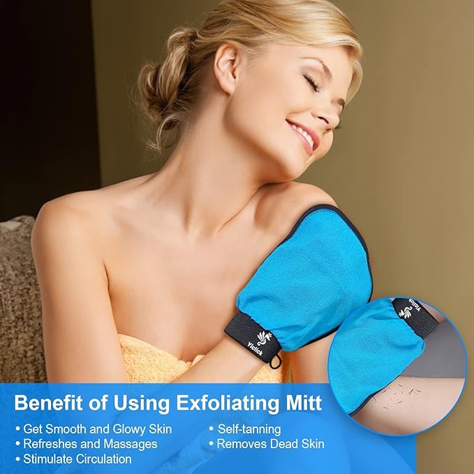 Exfoliating Gloves 2 Pcs, Exfoliating Body Scrubber for Bath Shower Exfoliation, Body Scrub Exfoliator Loofah Sponge for Dead Skin Remover, Korean Exfoliating Mitt (Blue)