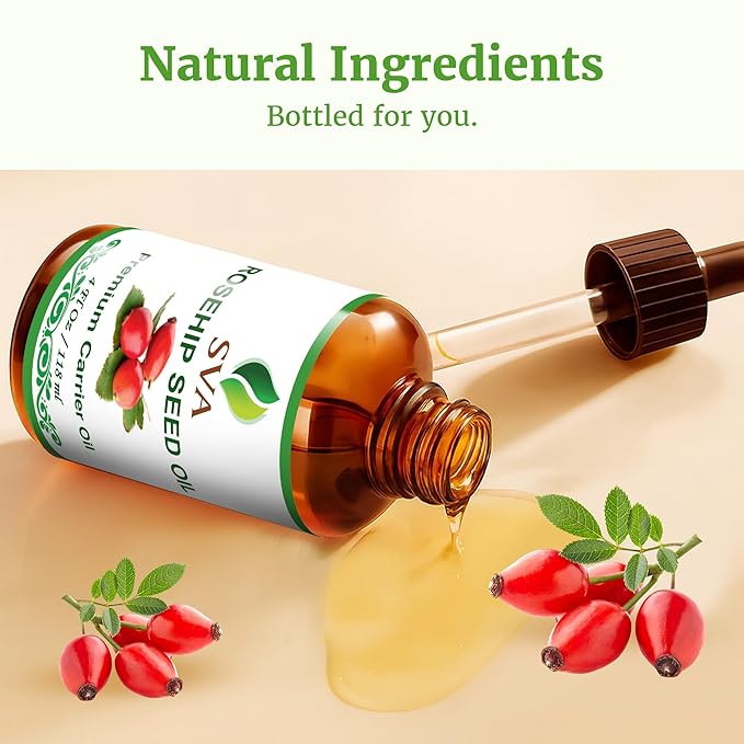 SVA Rosehip Seed Oil - 4 Fl Oz – 100% Natural & Cold Pressed - for Face, Skin Care, Hair Care, Scalp Massage & Body Massage – Carrier Oil with Dropper