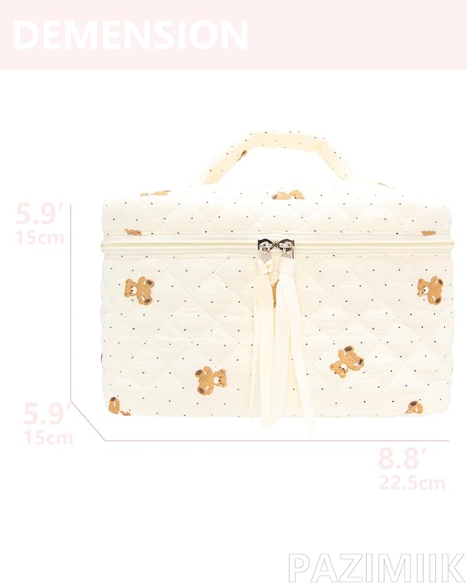 PAZIMIIK Quilted Makeup Bag Large Travel Zipper Soft Cosmetic Case for Women Girls Make Up,Gauze Bear