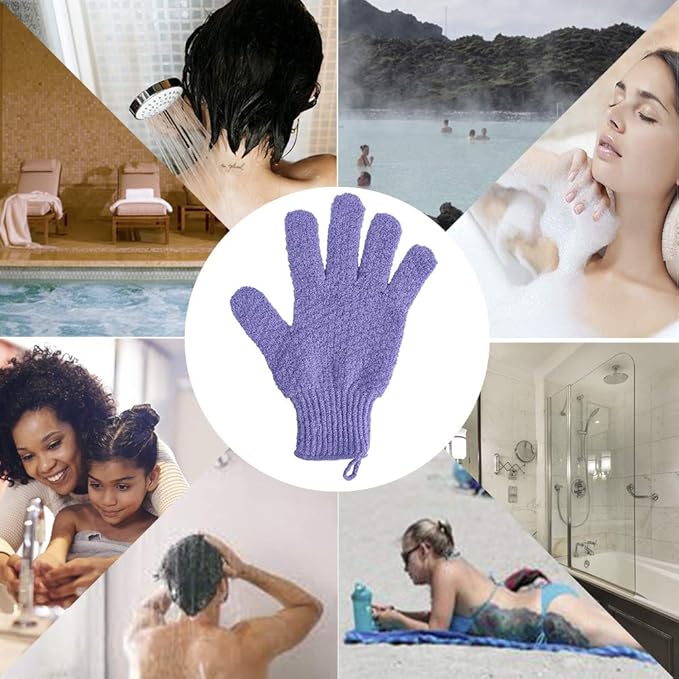 Bath Exfoliating Gloves Scrub - 4 pcs(2 pairs) Lengthened and Large Exfoliating Scrubbing Gloves for Shower, Spa, Massage - Scrub Exfoliating Mitts for Body, Face, Hand （Purple and Beige）