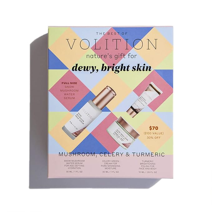 Volition Beauty Dewy Skin Kit Bundle with Celery Green Cream, Snow Mushroom Water Serum, Turmeric Brightening Polish | Age-Defies, Minimizes Pores & Brightens | Vegan, Paraben-Free & Cruelty-Free