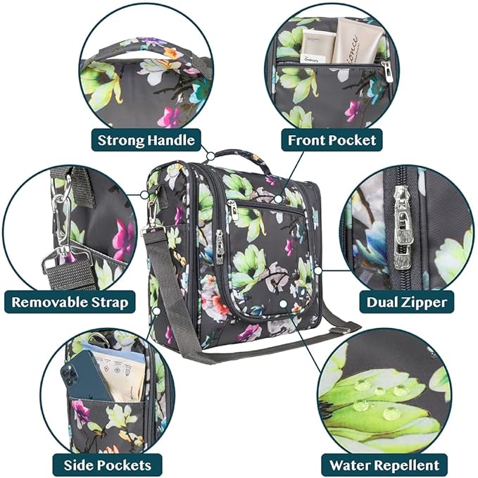 PAVILIA Extra Large Toiletry Bag Travel Bag for Women Men, Hanging Cosmetic Organizer, Water Resistant Makeup Bag for Accessories Toiletries, Travel Essentials Kit (Floral Grey)