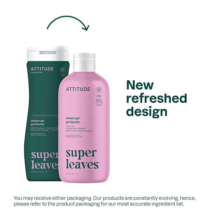 ATTITUDE Body Wash, EWG Verified Shower Gel, Dermatologically Tested, Plant and Mineral-Based, Vegan Personal Care Products, White Tea Leaves, 16 Fl Oz (Pack of 6)