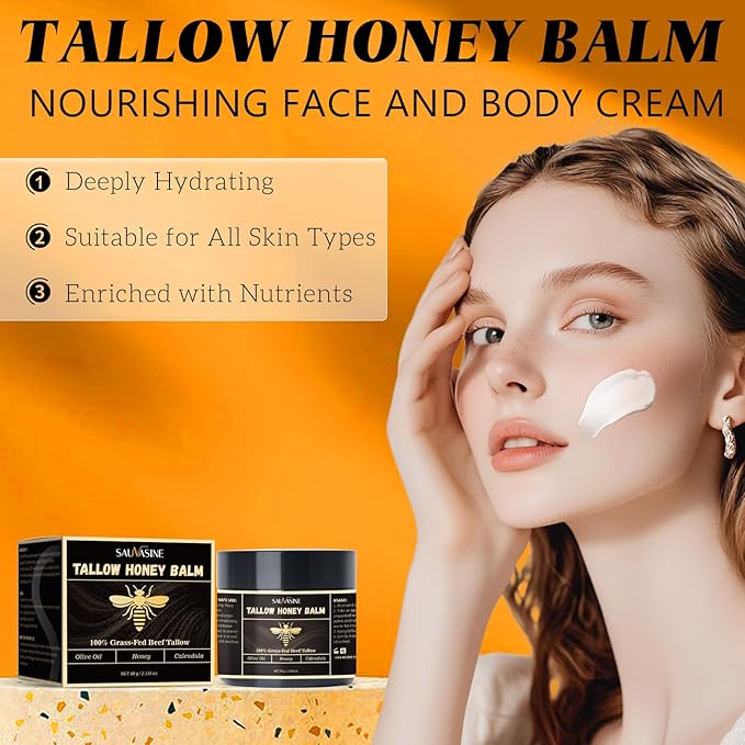 Organic Tallow Honey Balm for Nourishing Face and Body Cream,100% Grass-Fed Beef Tallow Body Butter For Dry Skin Moisturizing With Olive Oil,Honey,Calendula For Sensitive Skin Repair -60G(2.16Oz)
