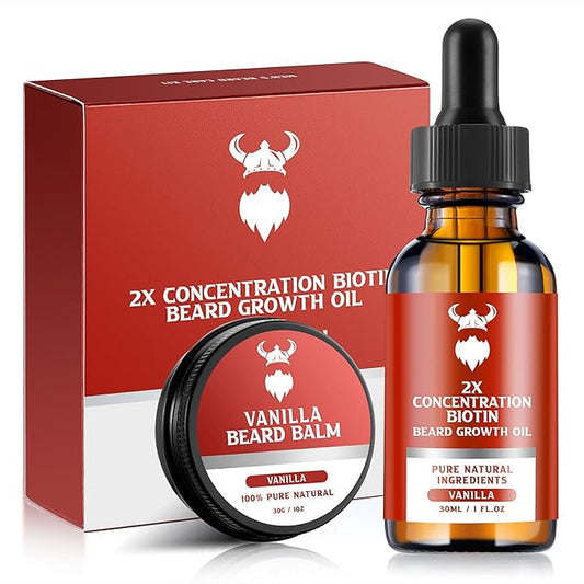 Beard Growth Kit - 2X Concentration Biotin for Men, Natural Ingredients with Argan Oil, Jojoba Oil and Vitamin (Vanilla)