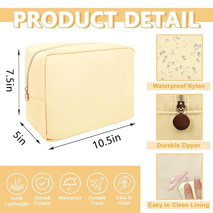 Large Makeup Bag Pouch,Nylon Women Travel Toiletry Storage Bag Preppy Cosmetic Bag for Girls,Big Makeup Organizer Bag Cute Zipper Pouch Skincare Bag for Sport Work Gift(Large-Sand)