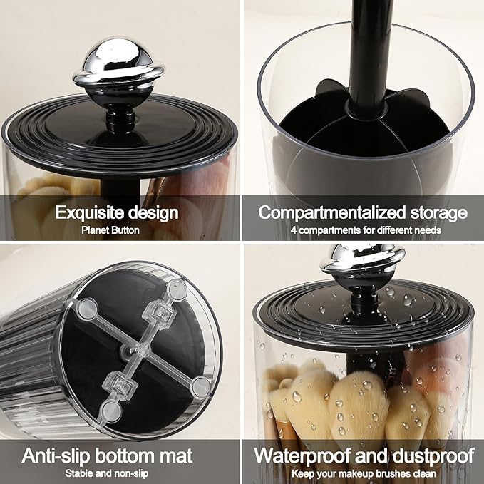 DASITON Makeup Brush Holder with Lid, Automatic Lifting Makeup Organizer for Vanity, 4 Slots Clear Makeup Brush Organizer, Dustproof Cosmetic Brushes Storage for Bathroom, Desktop, Office (Black)