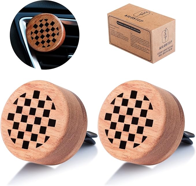 Essential Oil Car Diffuser, 2 PCS Checkered Car Aromatherapy Chequerboard Wood Diffuser with Vent Clip