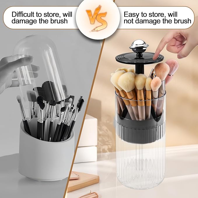 DASITON Makeup Brush Holder with Lid, Automatic Lifting Makeup Organizer for Vanity, 4 Slots Clear Makeup Brush Organizer, Dustproof Cosmetic Brushes Storage for Bathroom, Desktop, Office (Black)