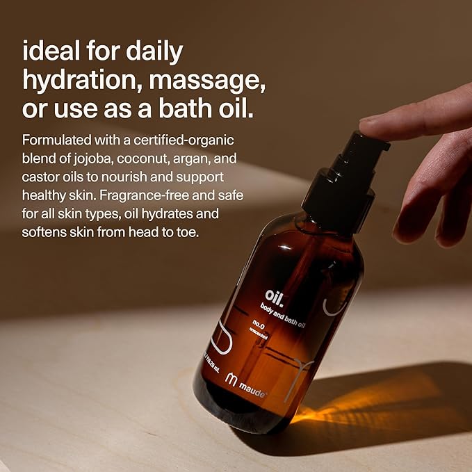 MAUDE Fragrance-Free Bathtime Bundle - pH Balanced Body Wash and Bubble Bath with Omega 3 and Vitamin B3 (12 oz) + Full Body Massage Oil Organic Blend of Jojoba, Coconut, Argan & Castor Oil (4 oz)