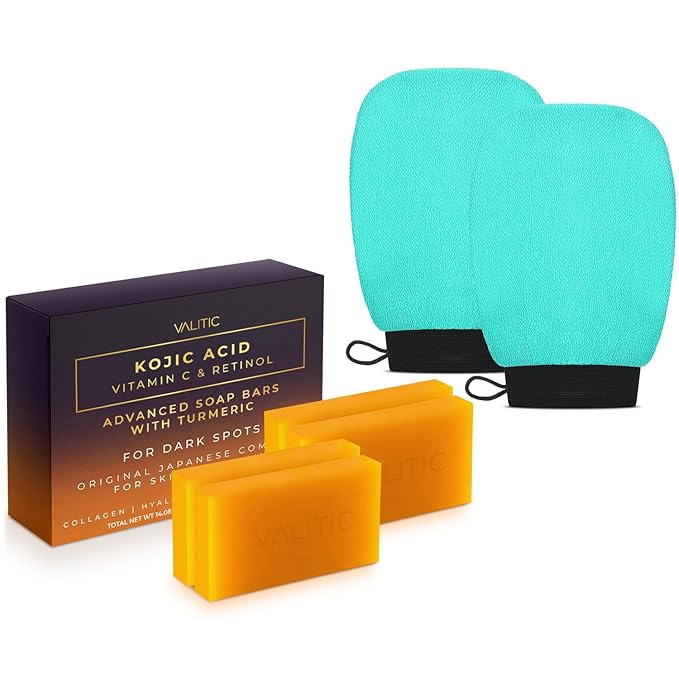 VALITIC 4 Pack Kojic Acid Vitamin C & Retinol Soap Bars for Dark Spot & A Pair Of Turquoise Exfoliating Gloves for Body Scrubs