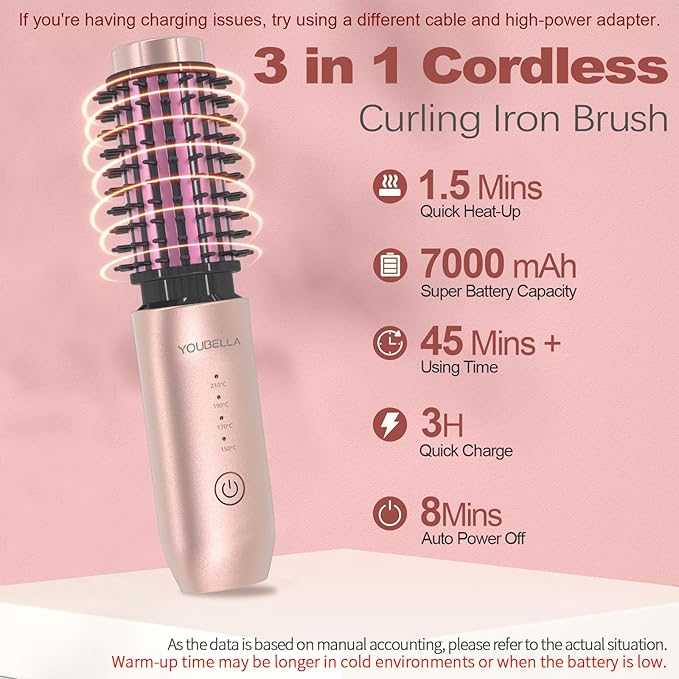 Cordless Hair Curling Iron Brush, Mini Travel Hot Straightener Comb, 3-in-1 Portable Wave Curling Wand, 1.5″ Ionic Heated Brush, USB Rechargeable Hair Curler, Pink – No Automatic Rotation