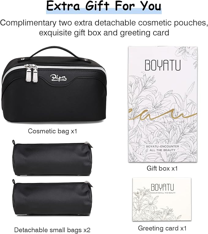 BOYATU Travel Makeup Bags for Women: Vegan Leather Cosmetic Bag Set of 3 - Large Capacity Make up Bag with Divider - Wide Open Waterproof Toiletry Organizer Bag with Handle (05-Black)