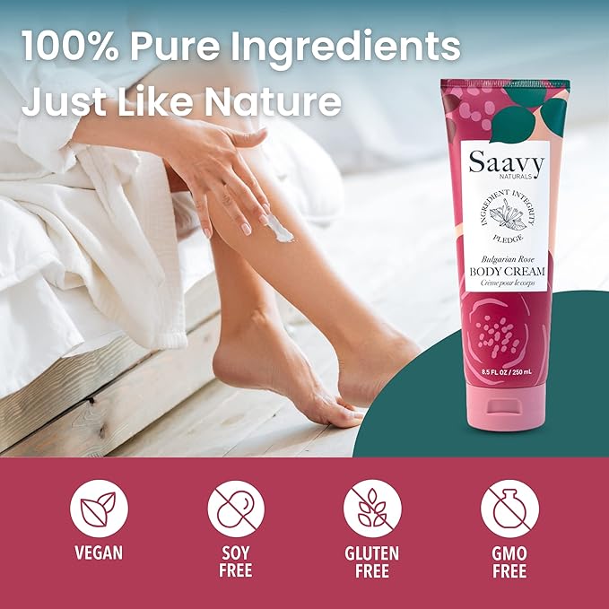 Saavy Naturals Body Cream Clean,Plant Based Ingredients - Made in USA 2 pack Bulgarian Rose Body Lotion Absorbent Shea Butter Thick and Creamy, Naturally Scented Body Lotion for Dry Skin, 8.5 Oz.
