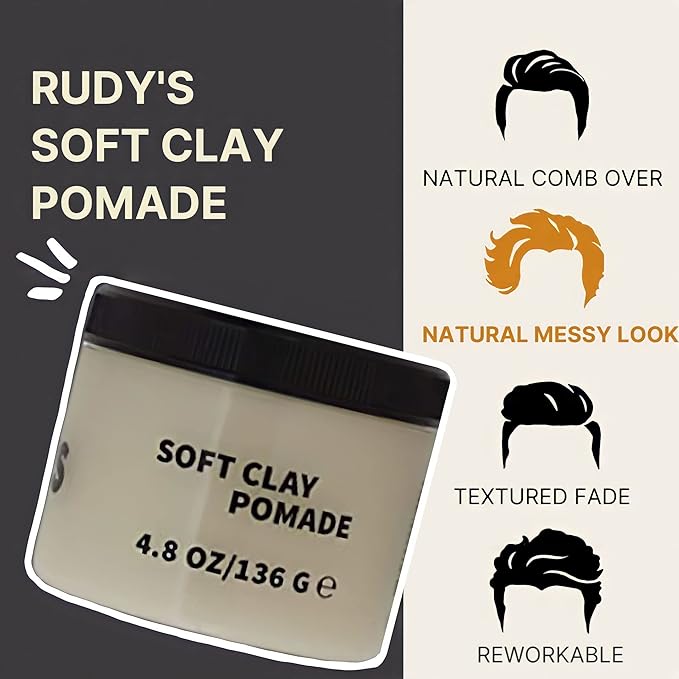 Rudy's Soft Clay Pomade - Lightweight and Pliable All Day Hold - Paraben Free - for Waves and Texture (2.2 oz)