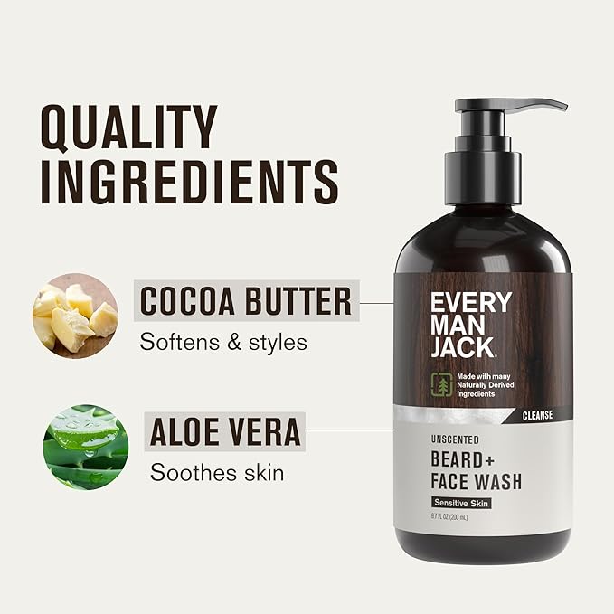 Every Man Jack Unscented Beard + Face Wash - Fragrance Free for Sensitive Skin - Naturally Cleanse and Condition Your Beard and Skin - 6.7-ounce (2 pack)