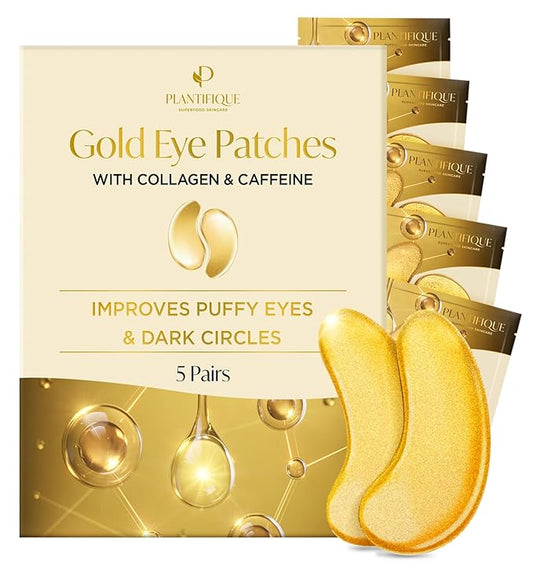 PLANTIFIQUE Gold Under Eye Patches for Puffy Eyes and Dark Circles 5 Pairs Under Eye Masks for Dark Circles and Puffiness Eye Gels with Collagen & Caffeine Eye Patches Gold Eye Mask Skincare