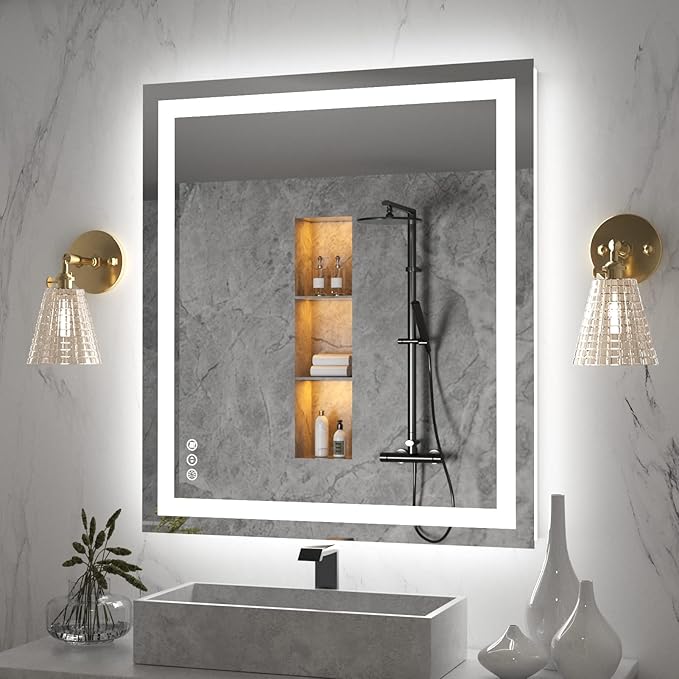 Amorho LED Bathroom Mirror 36''x32'' with Front Light and Backlit, Stepless Dimmable Wall Mirrors with Anti-Fog, Shatter-Proof, Memory, 3 Colors, Double LED Vanity Mirror (Horizontal/Vertical)