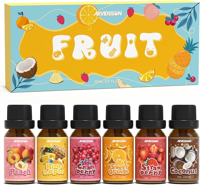 ARVIDSSON Fruits Essential Oils Set, Natural Fruity Fragrance Oil for Candle & Soap Making - Sweet Orange, Pineapple, Coconut, Cranberry, Peach, Strawberry, Aromatherapy Diffuser Oils Gift Set