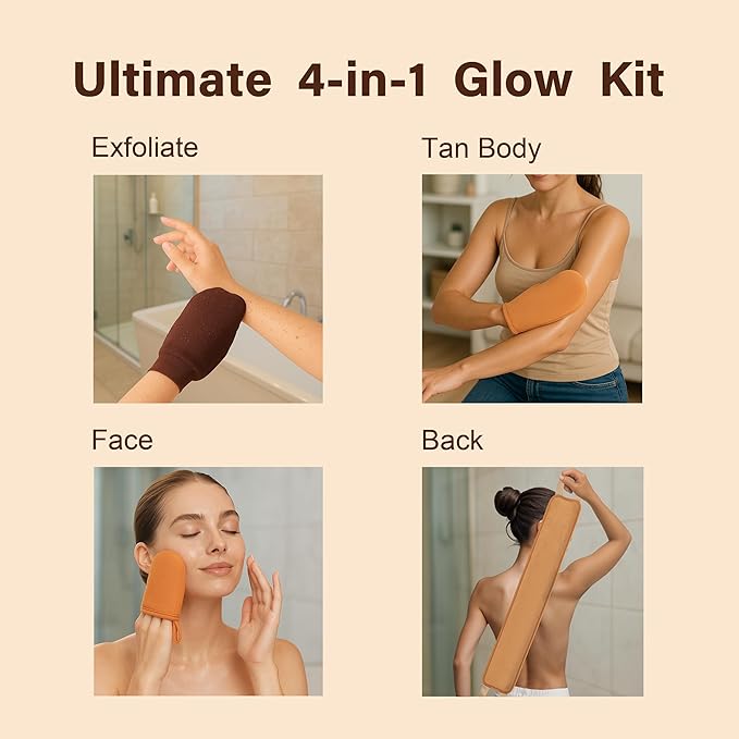 4 in 1 Self Tanning Mitts Self Tanner Mitt Applicator Kit,Self Tanning Mitt Applicator Kit With Self Tanning Glove,Back Tanning Applicator, Mini Tan Mit, Exfoliating Mitt