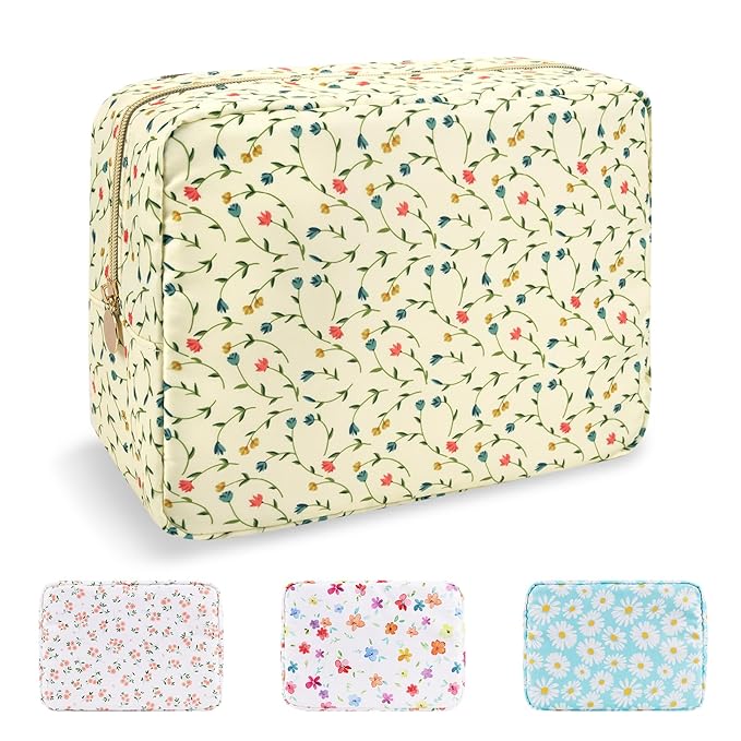 Waterproof Large Floral Makeup Bag Pouch,Nylon Travel Toiletry Storage Bag Preppy Flower Cosmetic Bag for Women Girl,Large Capacity Makeup Organizer Bag Cute Zipper Pouch(L Light Yellow-Flowers)