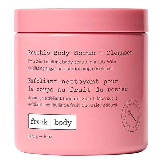 Frank Body Rosehip Body Scrub & Cleanser | Vegan, Cruelty Free, Exfoliating Body Scrub | Fades Marks and Softens Skin with Rosehip Oil, Coffee Seed Extract, and Lavender Oil | 8.82 oz / 250 g