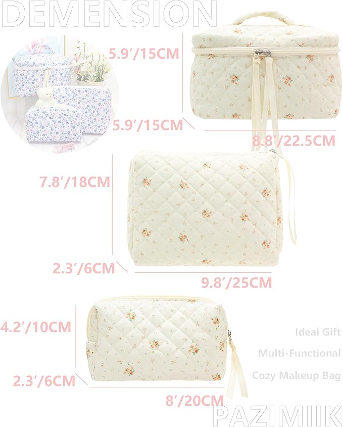 PAZIMIIK 3PCS Makeup Bag SET Large Travel Quilted Zipper Soft Cosmetic Case Pouch for Women Girls Make Up,Floral White